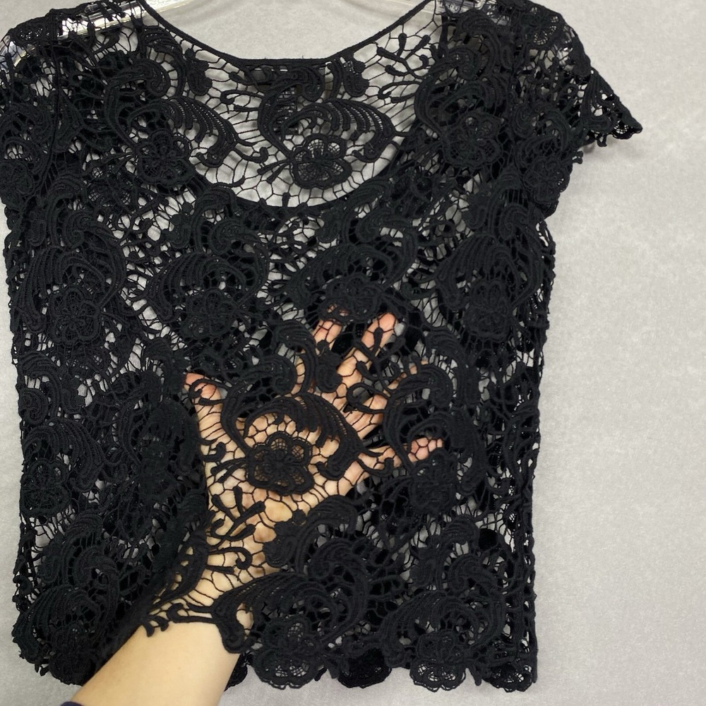 VTG Whimsigoth Top Women's Lace Shirt S Coquette Floral 90s Y2K Short Sleeve - Picture 9 of 10